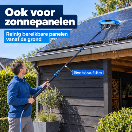 Cheqo® Telescopische Wasborstel voor Zonnepanelen en Ramen - Steel tot 4,6 m - Waterdoorvoer - Zeepdispenser - Raamwisser - Voor Auto en Camper — infographic 7
