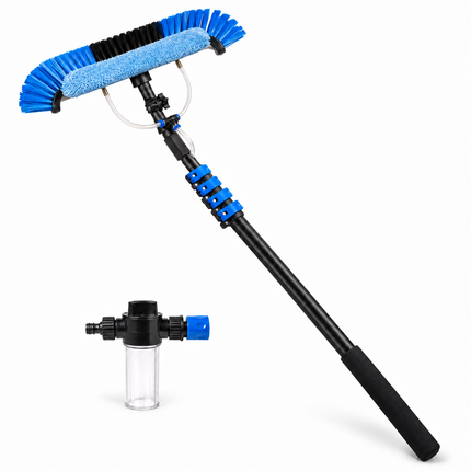 Cheqo® Telescopische Wasborstel - Telescoopsteel met Borstel en Waterdoorvoer - Ramenwasser Telescopisch - Glazenwasser Set - Zonnepanelen Reiniger - Waterborstel - Uitschuifbare Steel met Zeepdispenser - voor Ramen Wassen en Auto — hoofdbeeld