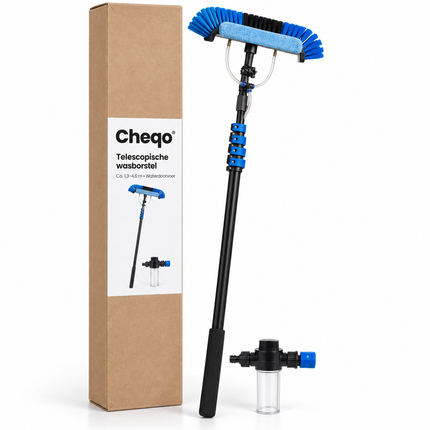 Cheqo® Telescopische Wasborstel - Telescoopsteel met Borstel en Waterdoorvoer - Ramenwasser Telescopisch - Glazenwasser Set - Zonnepanelen Reiniger - Waterborstel - Uitschuifbare Steel met Zeepdispenser - voor Ramen Wassen en Auto — Cheqo verpakkingsconcept