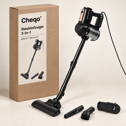 Cheqo® Steelstofzuiger met Snoer - 3-in-1 Handstofzuiger en Stofzuiger zonder Zak - Kruimeldief - Cycloonstofzuiger met HEPA Filter - Telescopische Steel - Stofzuiger met Draad voor Huisdieren - Zakloze Stofzuiger voor Auto - Vloerborstel - 600W — Cheqo verpakkingsconcept