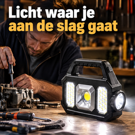 Cheqo® Solar Werklamp - Oplaadbare Werklamp - Solar Zaklamp met COB LED Lamp - Campinglamp - Powerbank - Solar Bouwlamp - Noodlamp - Looplamp - Schijnwerper - Buitenverlichting - Werkplaatslamp - USB Oplaadbaar — infographic 1