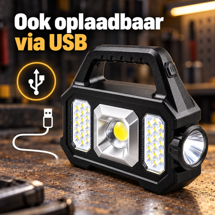 Cheqo® Solar Werklamp - Oplaadbare Werklamp - Solar Zaklamp met COB LED Lamp - Campinglamp - Powerbank - Solar Bouwlamp - Noodlamp - Looplamp - Schijnwerper - Buitenverlichting - Werkplaatslamp - USB Oplaadbaar — infographic 3