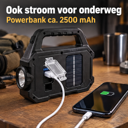 Cheqo® Solar Werklamp - Oplaadbare Werklamp - Solar Zaklamp met COB LED Lamp - Campinglamp - Powerbank - Solar Bouwlamp - Noodlamp - Looplamp - Schijnwerper - Buitenverlichting - Werkplaatslamp - USB Oplaadbaar — infographic 4