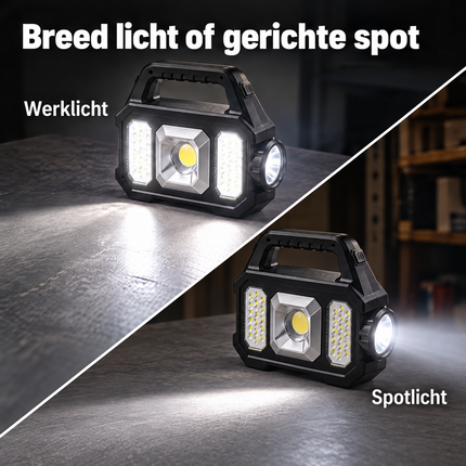Cheqo® Solar Werklamp - Oplaadbare Werklamp - Solar Zaklamp met COB LED Lamp - Campinglamp - Powerbank - Solar Bouwlamp - Noodlamp - Looplamp - Schijnwerper - Buitenverlichting - Werkplaatslamp - USB Oplaadbaar — infographic 5
