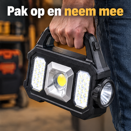 Cheqo® Solar Werklamp - Oplaadbare Werklamp - Solar Zaklamp met COB LED Lamp - Campinglamp - Powerbank - Solar Bouwlamp - Noodlamp - Looplamp - Schijnwerper - Buitenverlichting - Werkplaatslamp - USB Oplaadbaar — infographic 6