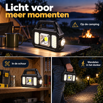 Cheqo® Solar Werklamp - Campinglamp en Zaklamp - Voor Schuur, Tuin en Wandelen in het Donker - USB Oplaadbaar - Powerbank - COB LED - Noodlamp — infographic 7