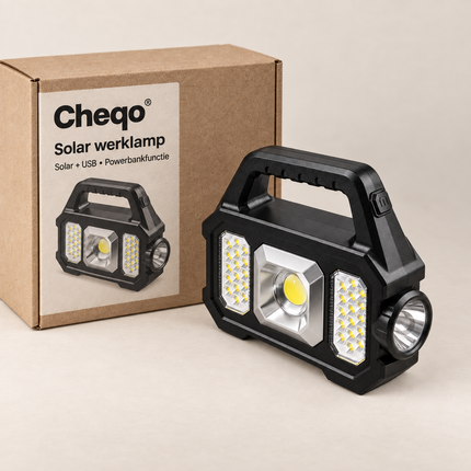 Cheqo® Solar Werklamp - Oplaadbare Werklamp - Solar Zaklamp met COB LED Lamp - Campinglamp - Powerbank - Solar Bouwlamp - Noodlamp - Looplamp - Schijnwerper - Buitenverlichting - Werkplaatslamp - USB Oplaadbaar — Cheqo verpakkingsconcept