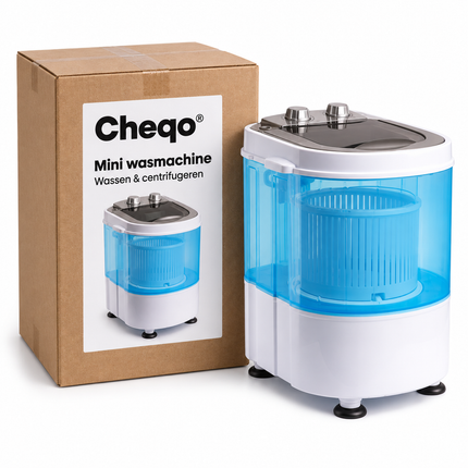 Cheqo® Mini Wasmachine met Centrifuge - Camping Wasmachine - Kleine Wasmachine - Draagbare Wasmachine - Compacte Wasmachine - Caravan Wasmachine - Camper Wasmachine - Studenten Wasmachine - Bovenlader Wasmachine - Wasmachine voor Kleine Ruimtes — Cheqo verpakkingsconcept