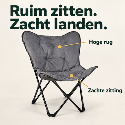 Cheqo® Vlinderstoel - Campingstoel Opvouwbaar - Butterfly Chair - Klapstoel - Vouwstoel - Kampeerstoel - Relaxstoel - Loungestoel - Tuinstoel - Festivalstoel - Strandstoel - Balkonstoel - voor Volwassenen - Draagbaar - Grijs - Inclusief Draagtas — infographic 1