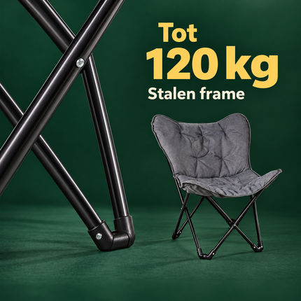 Cheqo® Vlinderstoel - Campingstoel Opvouwbaar - Butterfly Chair - Klapstoel - Vouwstoel - Kampeerstoel - Relaxstoel - Loungestoel - Tuinstoel - Festivalstoel - Strandstoel - Balkonstoel - voor Volwassenen - Draagbaar - Grijs - Inclusief Draagtas — infographic 3