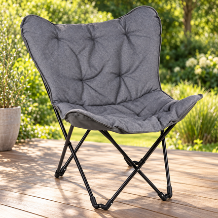Cheqo® Vlinderstoel - Campingstoel Opvouwbaar - Butterfly Chair - Klapstoel - Vouwstoel - Kampeerstoel - Relaxstoel - Loungestoel - Tuinstoel - Festivalstoel - Strandstoel - Balkonstoel - voor Volwassenen - Draagbaar - Grijs - Inclusief Draagtas — hoofdbeeld