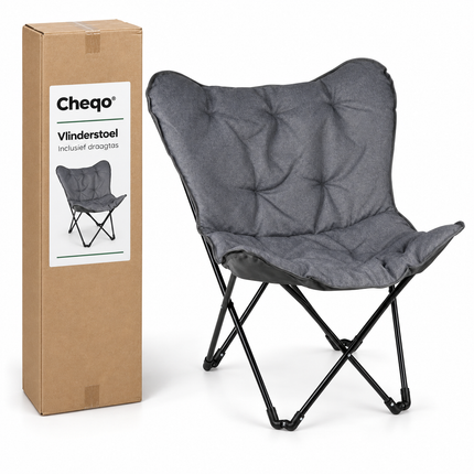 Cheqo® Vlinderstoel - Campingstoel Opvouwbaar - Butterfly Chair - Klapstoel - Vouwstoel - Kampeerstoel - Relaxstoel - Loungestoel - Tuinstoel - Festivalstoel - Strandstoel - Balkonstoel - voor Volwassenen - Draagbaar - Grijs - Inclusief Draagtas — Cheqo verpakkingsconcept