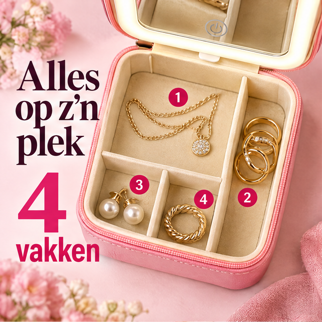 Cheqo® Sieradendoos met LED Spiegel - Juwelendoos - Sieradendoosje - Sieradenbox - Juwelenkistje - Sieradenetui - Sieraden Organizer - voor Ringen - Oorbellen - Kettingen - Armbanden - Reisformaat - Make-up Spiegel - Cadeau voor Vrouw - Roze — infographic 1