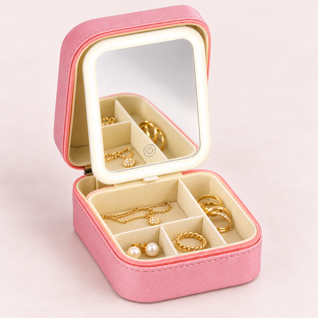 Cheqo® Sieradendoos met LED Spiegel - Juwelendoos - Sieradendoosje - Sieradenbox - Juwelenkistje - Sieradenetui - Sieraden Organizer - voor Ringen - Oorbellen - Kettingen - Armbanden - Reisformaat - Make-up Spiegel - Cadeau voor Vrouw - Roze — hoofdbeeld
