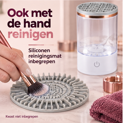 Cheqo® Elektrische Make-up Kwastenreiniger - Brush Cleaner - Make-up Borstel Reiniger - Automatische Kwastenreiniger - Kwasten Schoonmaken - Borstel Schoonmaker - met Siliconen Reinigingsmat - USB Aansluiting - Wit - Cadeau voor Vrouw — infographic 4