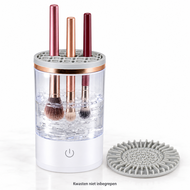 Cheqo® Elektrische Make-up Kwastenreiniger - Brush Cleaner - Make-up Borstel Reiniger - Automatische Kwastenreiniger - Kwasten Schoonmaken - Borstel Schoonmaker - met Siliconen Reinigingsmat - USB Aansluiting - Wit - Cadeau voor Vrouw — hoofdbeeld