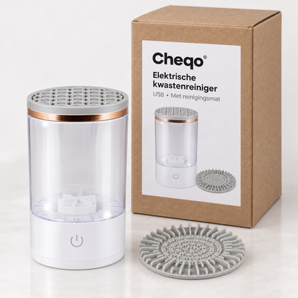 Cheqo® Elektrische Make-up Kwastenreiniger - Brush Cleaner - Make-up Borstel Reiniger - Automatische Kwastenreiniger - Kwasten Schoonmaken - Borstel Schoonmaker - met Siliconen Reinigingsmat - USB Aansluiting - Wit - Cadeau voor Vrouw — Cheqo verpakkingsconcept