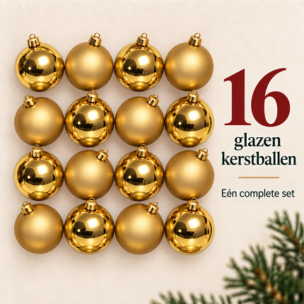 Cheqo® gouden glazen kerstballen, 16 stuks, ca. 8 cm — complete set van zestien kerstballen