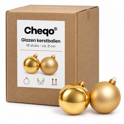 Cheqo® gouden glazen kerstballen, 16 stuks, ca. 8 cm — Cheqo verpakkingsconcept