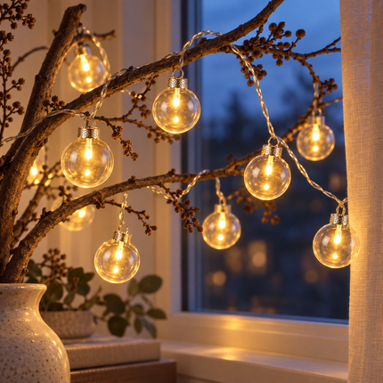Cheqo glazen lichtsnoer: warm wit licht aan decoratieve tak bij een raam binnenshuis | Hoofdbeeld v2 | Agent-QC PASS; menselijke ontwerpbeoordeling open.