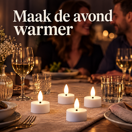 Cheqo® LED Theelichtjes Set van 4 - Oplaadbaar - LED Waxinelichtjes - LED Kaarsen met Oplaadstation en USB Kabel - Vlamloze Kaarsen met Vlameffect - Warm Wit - Elektrische Kaarsen - Sfeerverlichting voor Binnen - Horeca - Kerst en Feesten - Wit — infographic 1