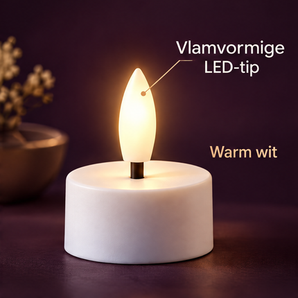 Cheqo® LED Theelichtjes Set van 4 - Oplaadbaar - LED Waxinelichtjes - LED Kaarsen met Oplaadstation en USB Kabel - Vlamloze Kaarsen met Vlameffect - Warm Wit - Elektrische Kaarsen - Sfeerverlichting voor Binnen - Horeca - Kerst en Feesten - Wit — infographic 2