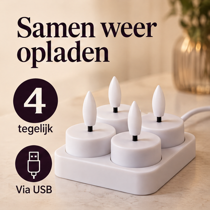 Cheqo® LED Theelichtjes Set van 4 - Oplaadbaar - LED Waxinelichtjes - LED Kaarsen met Oplaadstation en USB Kabel - Vlamloze Kaarsen met Vlameffect - Warm Wit - Elektrische Kaarsen - Sfeerverlichting voor Binnen - Horeca - Kerst en Feesten - Wit — infographic 3