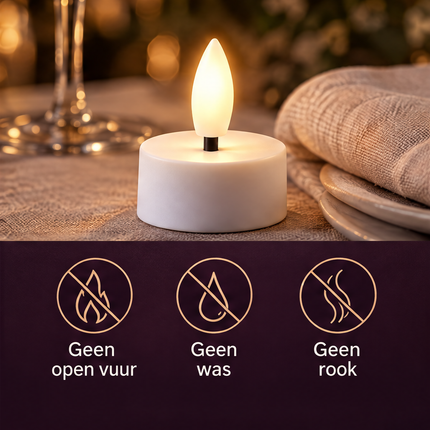 Cheqo® LED Theelichtjes Set van 4 - Oplaadbaar - LED Waxinelichtjes - LED Kaarsen met Oplaadstation en USB Kabel - Vlamloze Kaarsen met Vlameffect - Warm Wit - Elektrische Kaarsen - Sfeerverlichting voor Binnen - Horeca - Kerst en Feesten - Wit — infographic 5