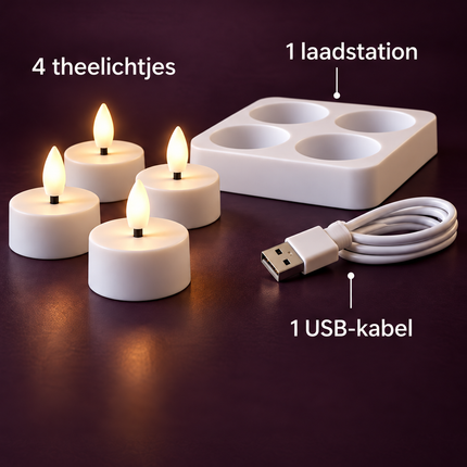 Cheqo® LED Theelichtjes Set van 4 - Oplaadbaar - LED Waxinelichtjes - LED Kaarsen met Oplaadstation en USB Kabel - Vlamloze Kaarsen met Vlameffect - Warm Wit - Elektrische Kaarsen - Sfeerverlichting voor Binnen - Horeca - Kerst en Feesten - Wit — infographic 6