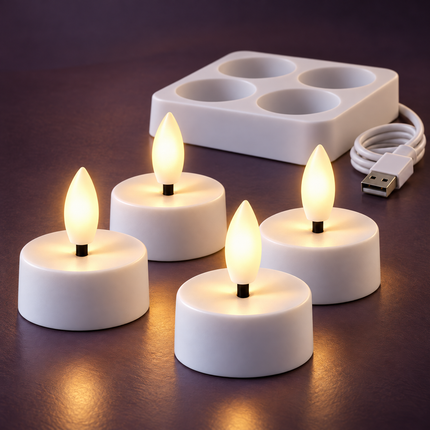 Cheqo® LED Theelichtjes Set van 4 - Oplaadbaar - LED Waxinelichtjes - LED Kaarsen met Oplaadstation en USB Kabel - Vlamloze Kaarsen met Vlameffect - Warm Wit - Elektrische Kaarsen - Sfeerverlichting voor Binnen - Horeca - Kerst en Feesten - Wit — hoofdbeeld