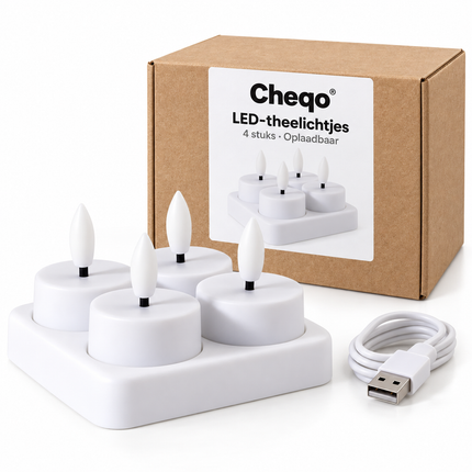 Cheqo® LED Theelichtjes Set van 4 - Oplaadbaar - LED Waxinelichtjes - LED Kaarsen met Oplaadstation en USB Kabel - Vlamloze Kaarsen met Vlameffect - Warm Wit - Elektrische Kaarsen - Sfeerverlichting voor Binnen - Horeca - Kerst en Feesten - Wit — Cheqo verpakkingsconcept