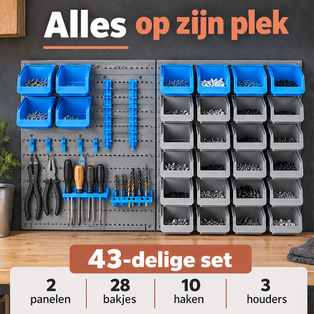 Cheqo® Gereedschapswand Set van 43 - Opbergbakjes voor Schroeven - Wandrek - Opbergsysteem voor Garage en Werkplaats - Gereedschapsbord met Haken - Gereedschapshouder - Ophangsysteem - Gereedschap Organizer - Bakkenwand - Schroevendraaierhouder — infographic 1