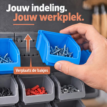 Cheqo® Gereedschapswand Set van 43 - Opbergbakjes voor Schroeven - Wandrek - Opbergsysteem voor Garage en Werkplaats - Gereedschapsbord met Haken - Gereedschapshouder - Ophangsysteem - Gereedschap Organizer - Bakkenwand - Schroevendraaierhouder — infographic 2