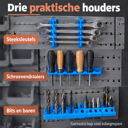 Cheqo® Gereedschapswand Set van 43 - Opbergbakjes voor Schroeven - Wandrek - Opbergsysteem voor Garage en Werkplaats - Gereedschapsbord met Haken - Gereedschapshouder - Ophangsysteem - Gereedschap Organizer - Bakkenwand - Schroevendraaierhouder — infographic 3