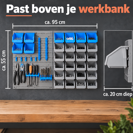 Cheqo® Gereedschapswand Set van 43 - Opbergbakjes voor Schroeven - Wandrek - Opbergsysteem voor Garage en Werkplaats - Gereedschapsbord met Haken - Gereedschapshouder - Ophangsysteem - Gereedschap Organizer - Bakkenwand - Schroevendraaierhouder — infographic 4