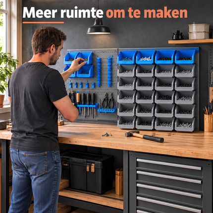 Cheqo® Gereedschapswand Set van 43 - Opbergbakjes voor Schroeven - Wandrek - Opbergsysteem voor Garage en Werkplaats - Gereedschapsbord met Haken - Gereedschapshouder - Ophangsysteem - Gereedschap Organizer - Bakkenwand - Schroevendraaierhouder — infographic 5