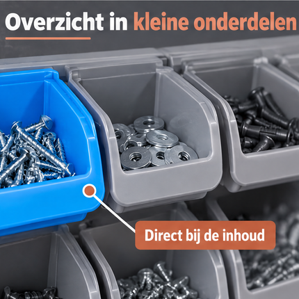 Cheqo® Gereedschapswand Set van 43 - Opbergbakjes voor Schroeven - Wandrek - Opbergsysteem voor Garage en Werkplaats - Gereedschapsbord met Haken - Gereedschapshouder - Ophangsysteem - Gereedschap Organizer - Bakkenwand - Schroevendraaierhouder — infographic 6