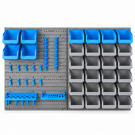 Cheqo® Gereedschapswand Set van 43 - Opbergbakjes voor Schroeven - Wandrek - Opbergsysteem voor Garage en Werkplaats - Gereedschapsbord met Haken - Gereedschapshouder - Ophangsysteem - Gereedschap Organizer - Bakkenwand - Schroevendraaierhouder — hoofdbeeld