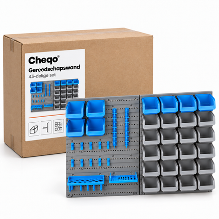 Cheqo® Gereedschapswand Set van 43 - Opbergbakjes voor Schroeven - Wandrek - Opbergsysteem voor Garage en Werkplaats - Gereedschapsbord met Haken - Gereedschapshouder - Ophangsysteem - Gereedschap Organizer - Bakkenwand - Schroevendraaierhouder — Cheqo verpakkingsconcept