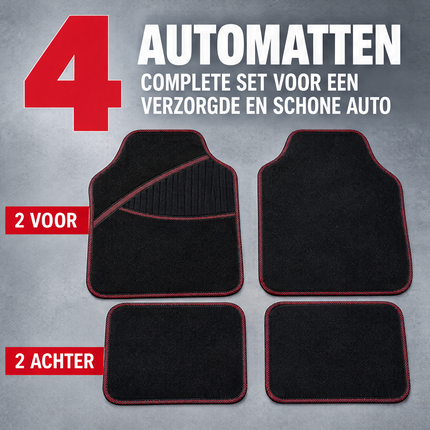 Cheqo® Automatten Universeel Set van 4 Zwart met Rode Rand - Stoffen Automatten - Antislip Automatten - Auto Vloermatten - Automatten Voor en Achter - Autotapijt - Auto Matten - Voetmatten Auto - Auto Vloerkleed - Automatten met Hakstuk — infographic 1