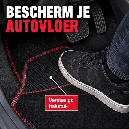 Cheqo® Automatten Universeel Set van 4 Zwart met Rode Rand - Stoffen Automatten - Antislip Automatten - Auto Vloermatten - Automatten Voor en Achter - Autotapijt - Auto Matten - Voetmatten Auto - Auto Vloerkleed - Automatten met Hakstuk — infographic 2