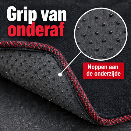 Cheqo® Automatten Universeel Set van 4 Zwart met Rode Rand - Stoffen Automatten - Antislip Automatten - Auto Vloermatten - Automatten Voor en Achter - Autotapijt - Auto Matten - Voetmatten Auto - Auto Vloerkleed - Automatten met Hakstuk — infographic 3