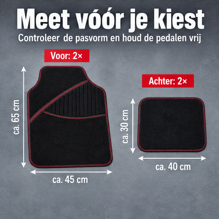Cheqo® Automatten Universeel Set van 4 Zwart met Rode Rand - Stoffen Automatten - Antislip Automatten - Auto Vloermatten - Automatten Voor en Achter - Autotapijt - Auto Matten - Voetmatten Auto - Auto Vloerkleed - Automatten met Hakstuk — infographic 4