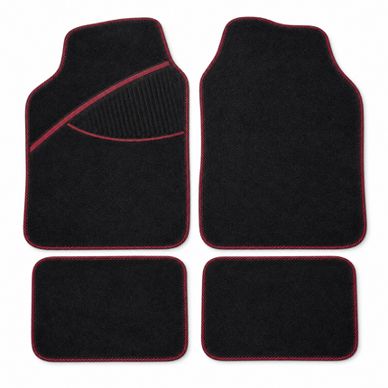 Cheqo® Automatten Universeel Set van 4 Zwart met Rode Rand - Stoffen Automatten - Antislip Automatten - Auto Vloermatten - Automatten Voor en Achter - Autotapijt - Auto Matten - Voetmatten Auto - Auto Vloerkleed - Automatten met Hakstuk — hoofdbeeld