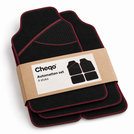 Cheqo® Automatten Universeel Set van 4 Zwart met Rode Rand - Stoffen Automatten - Antislip Automatten - Auto Vloermatten - Automatten Voor en Achter - Autotapijt - Auto Matten - Voetmatten Auto - Auto Vloerkleed - Automatten met Hakstuk — Cheqo verpakkingsconcept