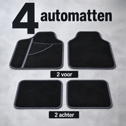 Cheqo® Automatten Set van 4 Tapijt Zwart Grijs - Universeel - Auto Vloermatten - Stofmatten - Voetmatten - Auto Matten - Auto Vloerkleed - Interieur Bescherming met Hakstuk - voor Personenauto, Hatchback, Sedan en SUV - Auto Accessoires — infographic 1