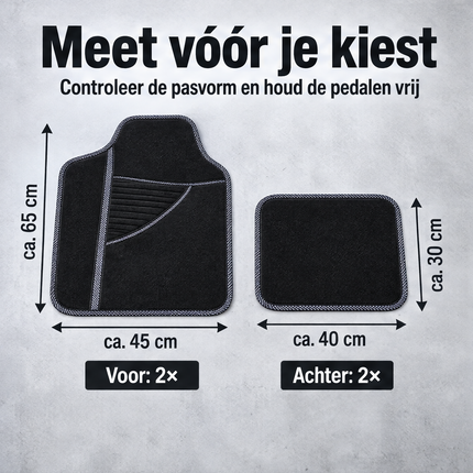 Cheqo® Automatten Set van 4 Tapijt Zwart Grijs - Universeel - Auto Vloermatten - Stofmatten - Voetmatten - Auto Matten - Auto Vloerkleed - Interieur Bescherming met Hakstuk - voor Personenauto, Hatchback, Sedan en SUV - Auto Accessoires — infographic 4