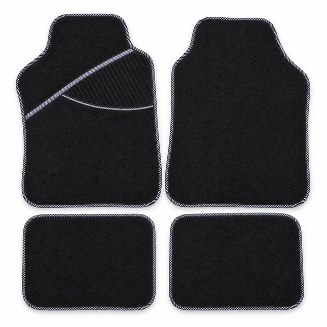Cheqo® Automatten Set van 4 Tapijt Zwart Grijs - Universeel - Auto Vloermatten - Stofmatten - Voetmatten - Auto Matten - Auto Vloerkleed - Interieur Bescherming met Hakstuk - voor Personenauto, Hatchback, Sedan en SUV - Auto Accessoires — hoofdbeeld