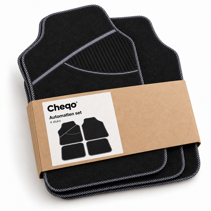 Cheqo® Automatten Set van 4 Tapijt Zwart Grijs - Universeel - Auto Vloermatten - Stofmatten - Voetmatten - Auto Matten - Auto Vloerkleed - Interieur Bescherming met Hakstuk - voor Personenauto, Hatchback, Sedan en SUV - Auto Accessoires — Cheqo verpakkingsconcept