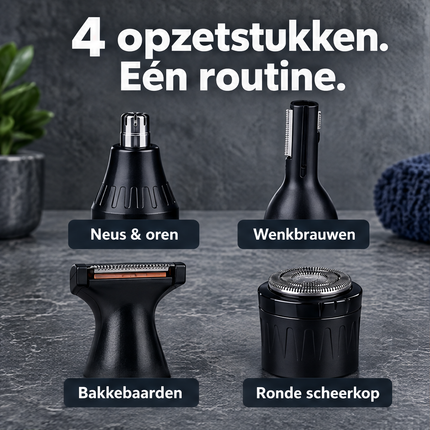 Cheqo® Neustrimmer 4-in-1 - Oortrimmer - Wenkbrauwtrimmer - Baardtrimmer - Neushaartrimmer - Trimmerset voor Heren - Scheerapparaat - Precisietrimmer - Oorhaartrimmer - Bakkebaardtrimmer - Multigroomer - Gezichtstrimmer - Cadeau voor Mannen — infographic 1